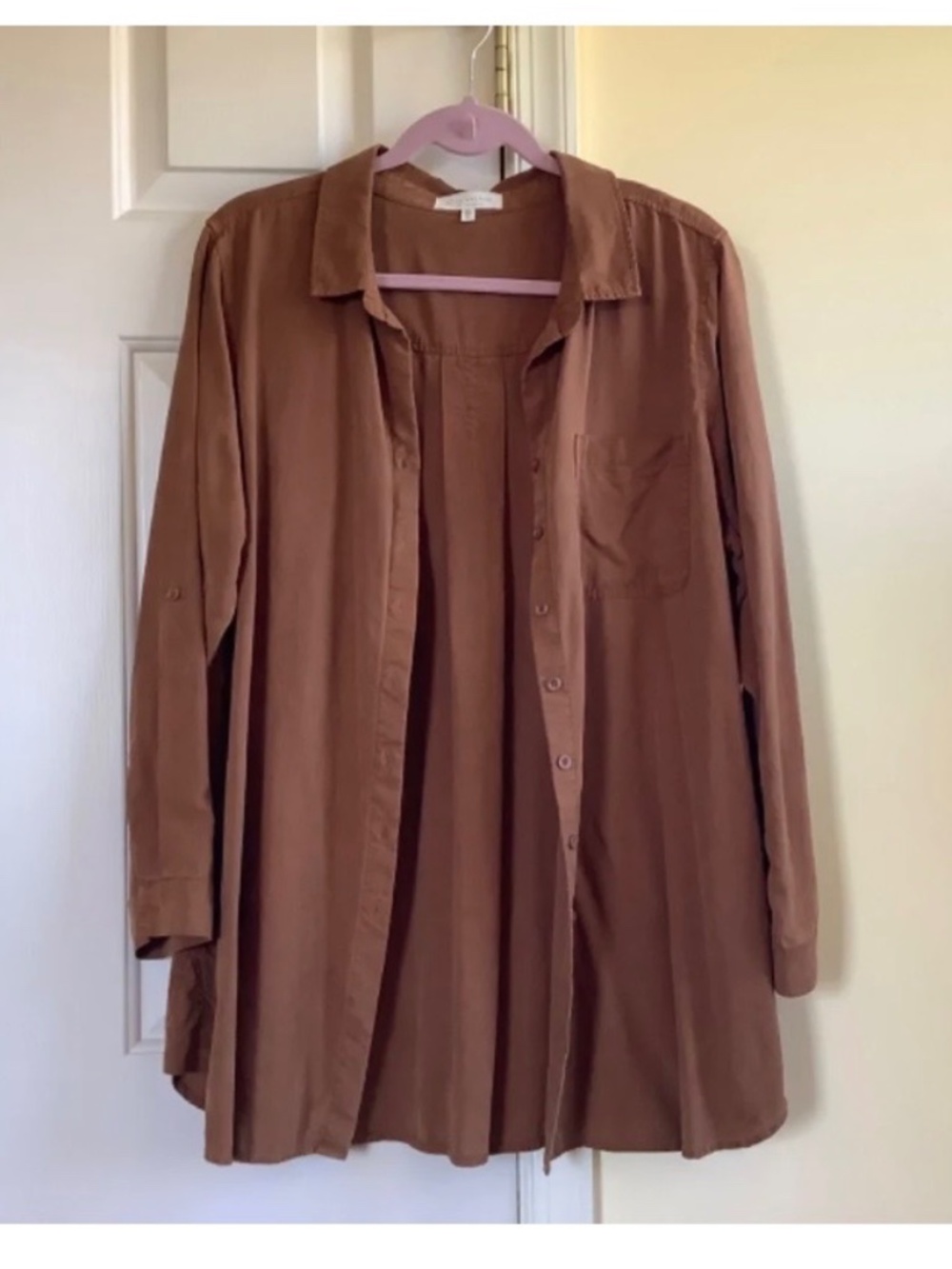 Side Stitch Petite Button Front Lyocell Long Sleeve Tunic Copper SZ PL